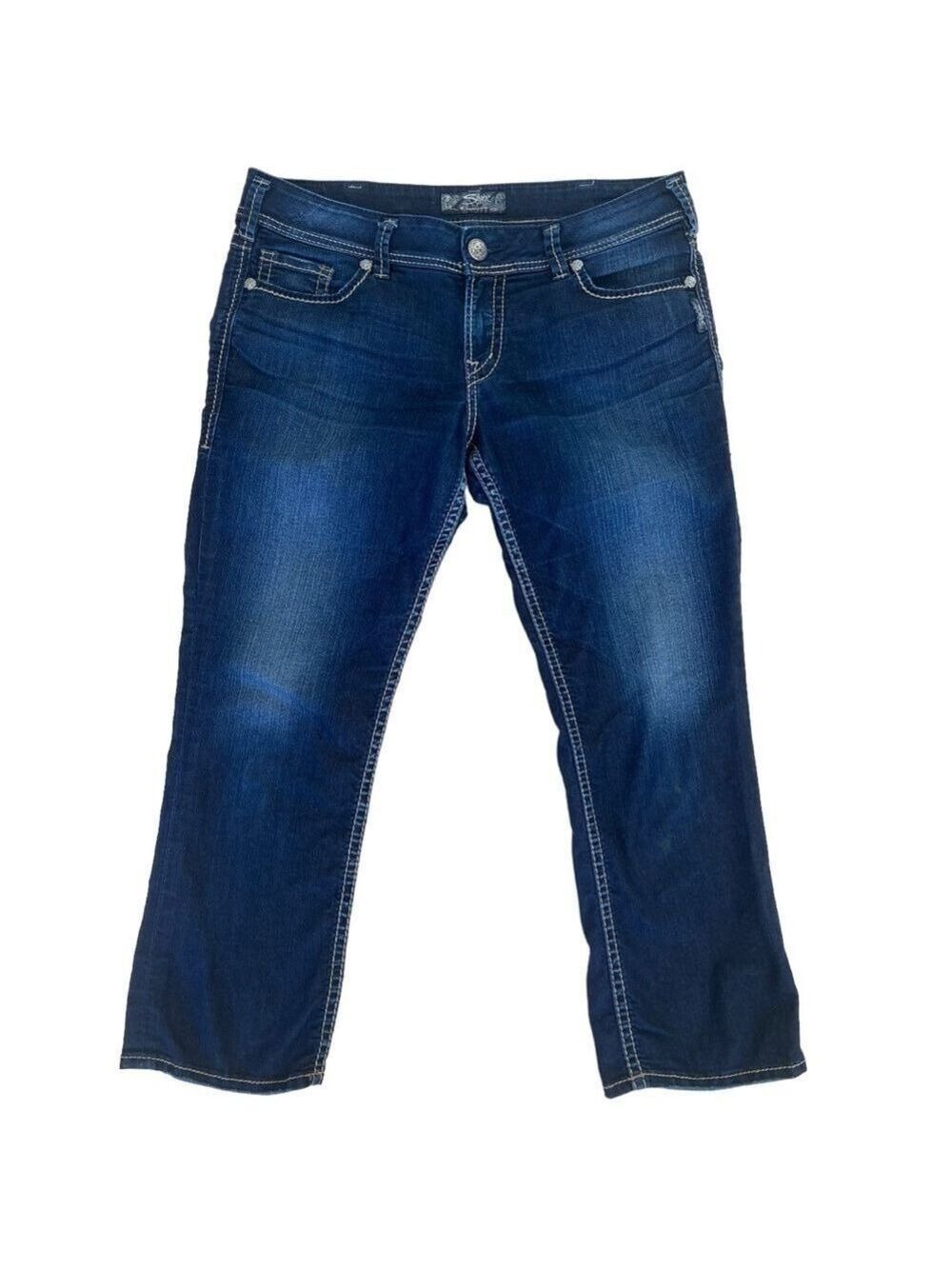 Silver jeans Suki pedal pusher pants jeans contrast stitches dark blue denim W32
